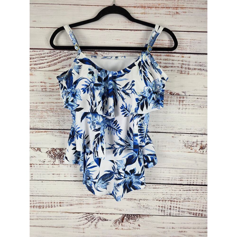 Island Waves Swim Top L Womens White Blue Floral Padded Pullover‎ Swimwear